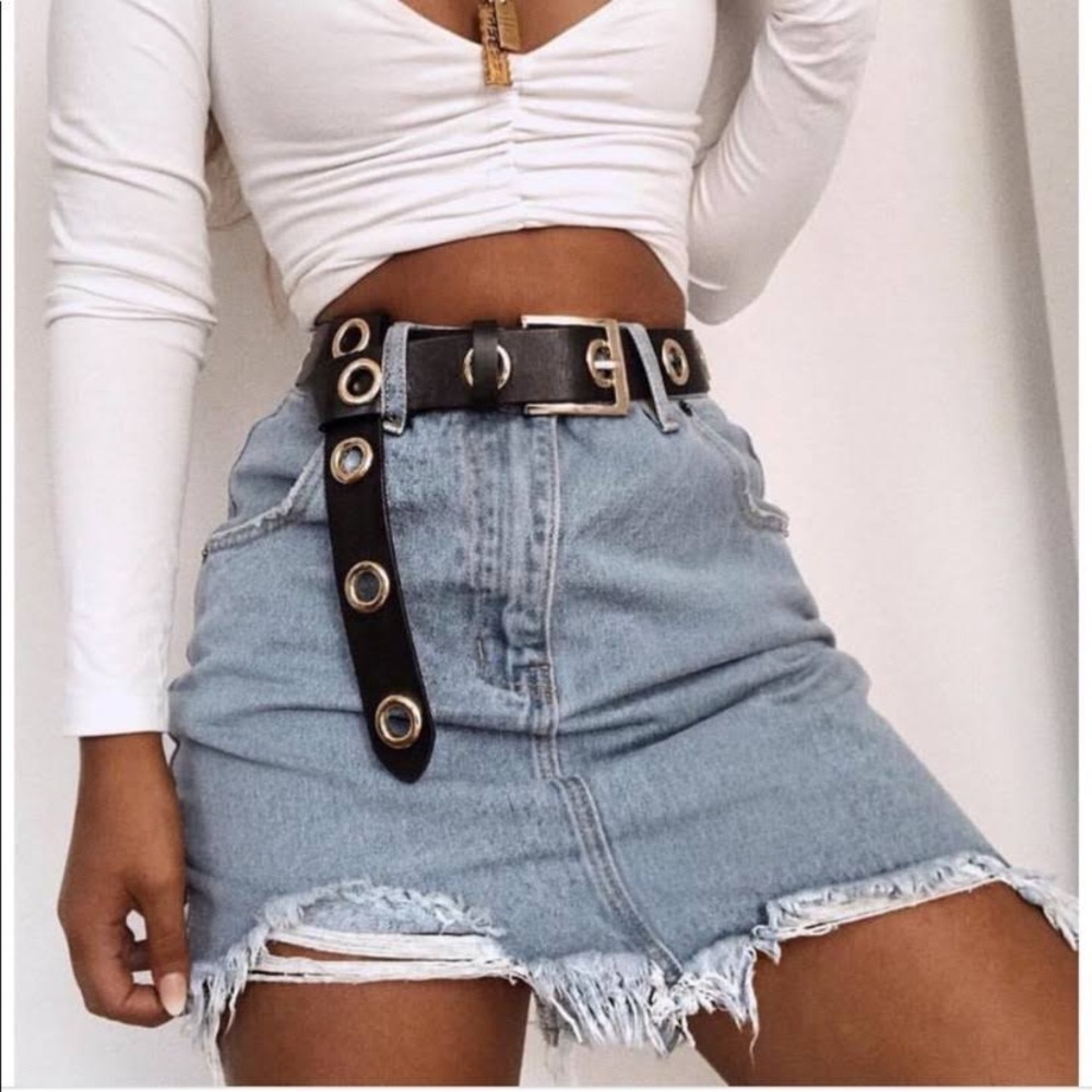 Tiger Mist Blue Asymmetrical Raw Hem Denim Mini Skirt Size Small